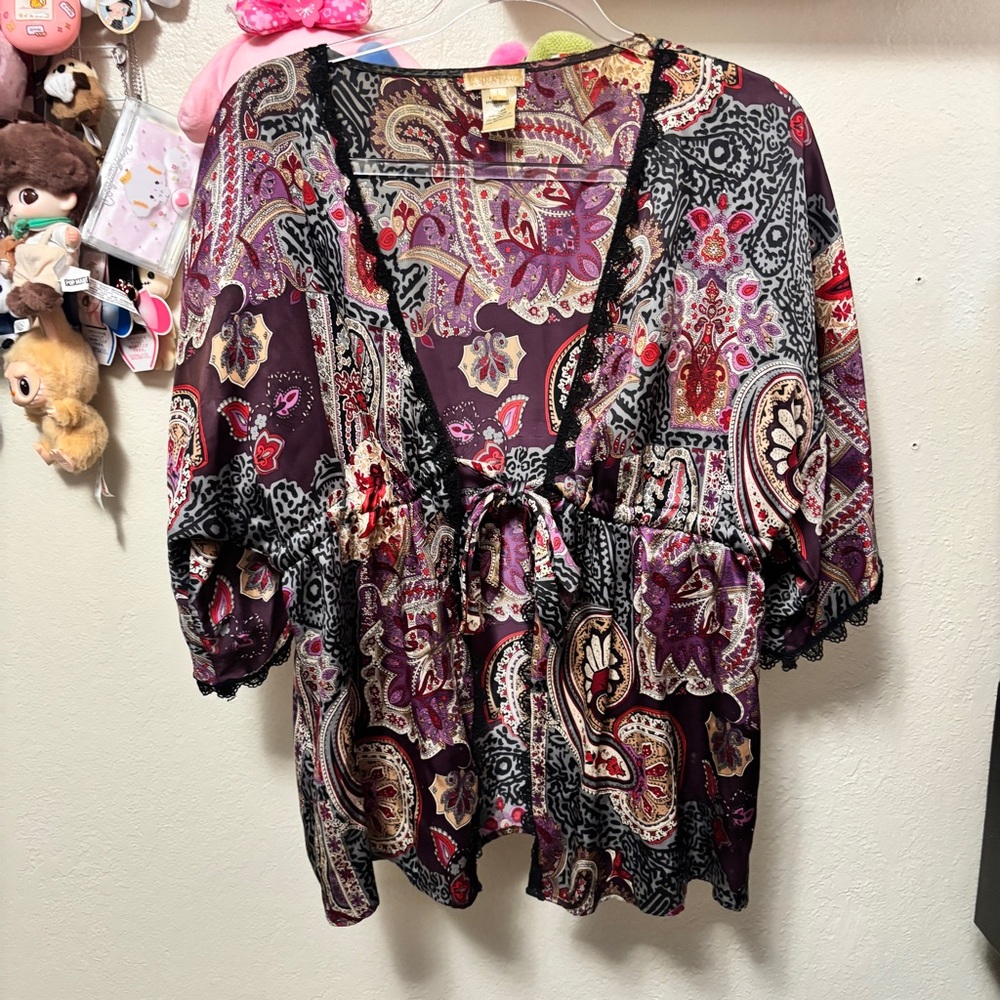 Anna Paul Silk Kimono Lace Trim Tie Top Size Large